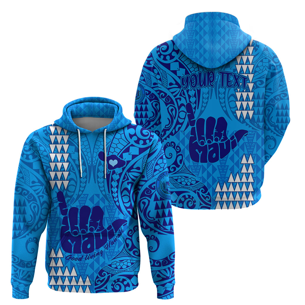 Personalised Strong Maui Hoodie Good Living Hawaii with Shaka Sign Kakau Tribal Blue - Wonder Print Shop
