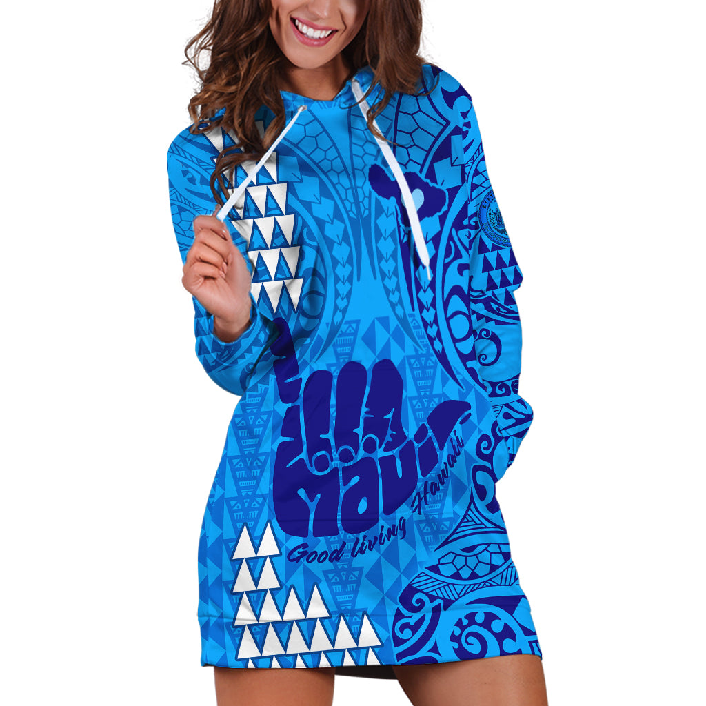 Personalised Strong Maui Hoodie Dress Good Living Hawaii with Shaka Sign Kakau Tribal Blue - Wonder Print Shop