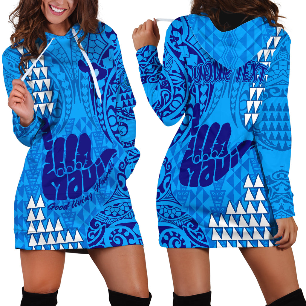 Personalised Strong Maui Hoodie Dress Good Living Hawaii with Shaka Sign Kakau Tribal Blue - Wonder Print Shop