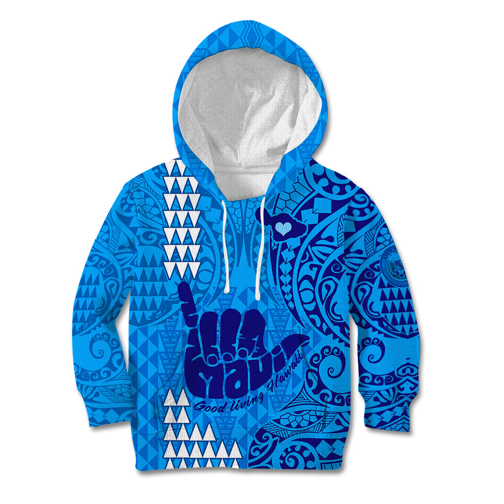 Personalised Strong Maui Kid Hoodie Good Living Hawaii with Shaka Sign Kakau Tribal Blue - Wonder Print Shop