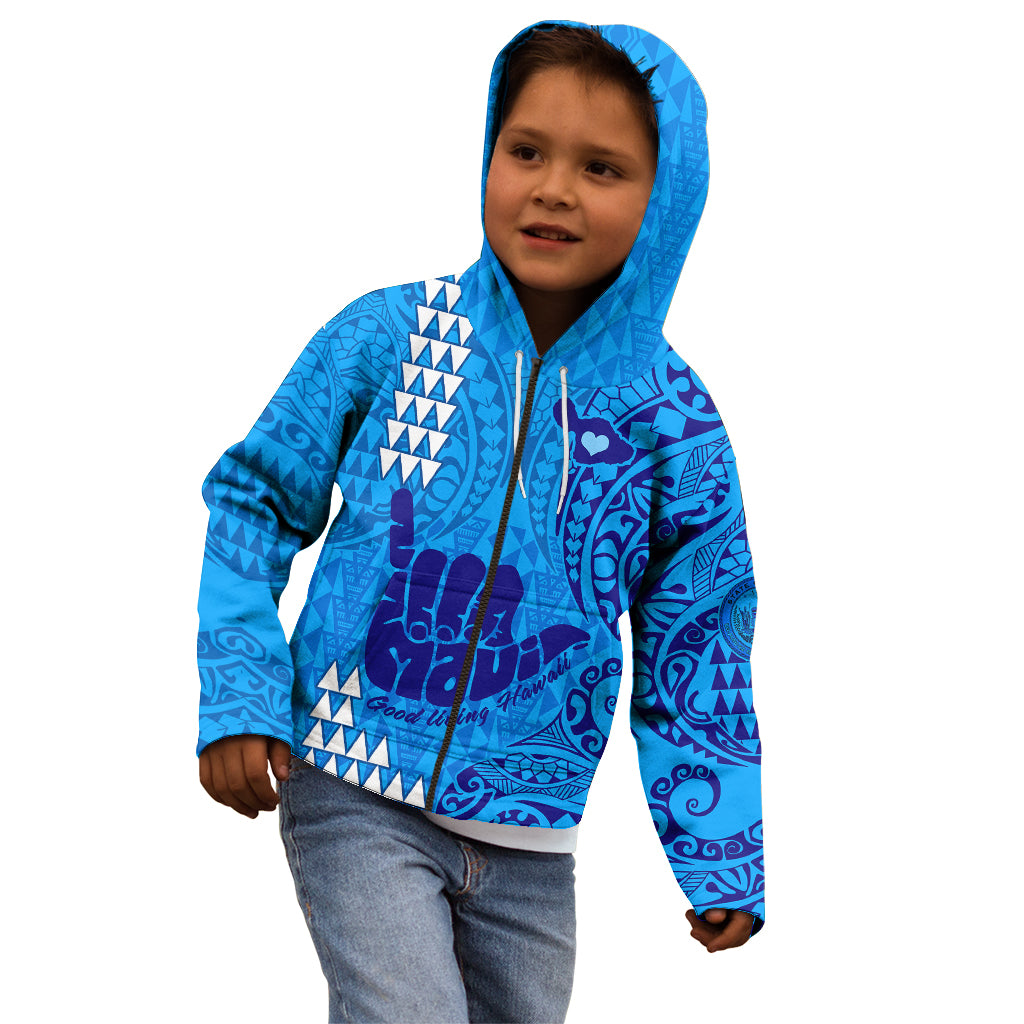 Personalised Strong Maui Kid Hoodie Good Living Hawaii with Shaka Sign Kakau Tribal Blue - Wonder Print Shop