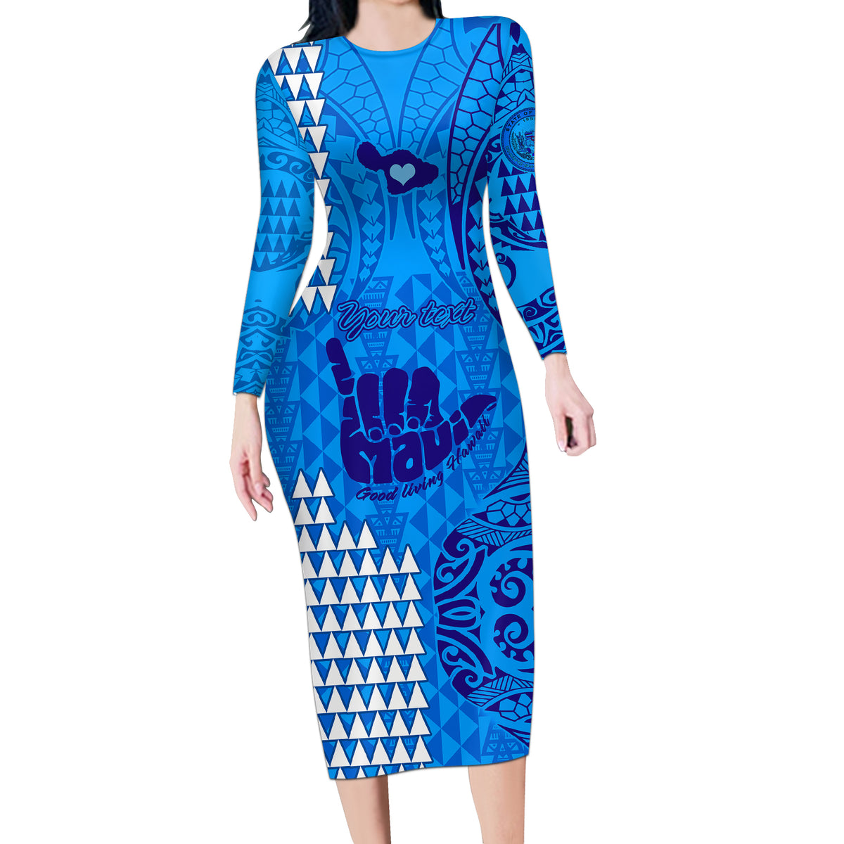 Personalised Strong Maui Long Sleeve Bodycon Dress Good Living Hawaii with Shaka Sign Kakau Tribal Blue - Wonder Print Shop
