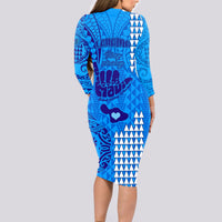 Personalised Strong Maui Long Sleeve Bodycon Dress Good Living Hawaii with Shaka Sign Kakau Tribal Blue - Wonder Print Shop