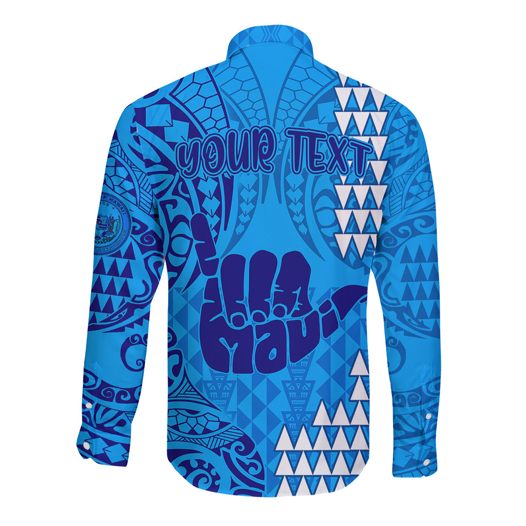 Personalised Strong Maui Long Sleeve Button Shirt Good Living Hawaii with Shaka Sign Kakau Tribal Blue - Wonder Print Shop