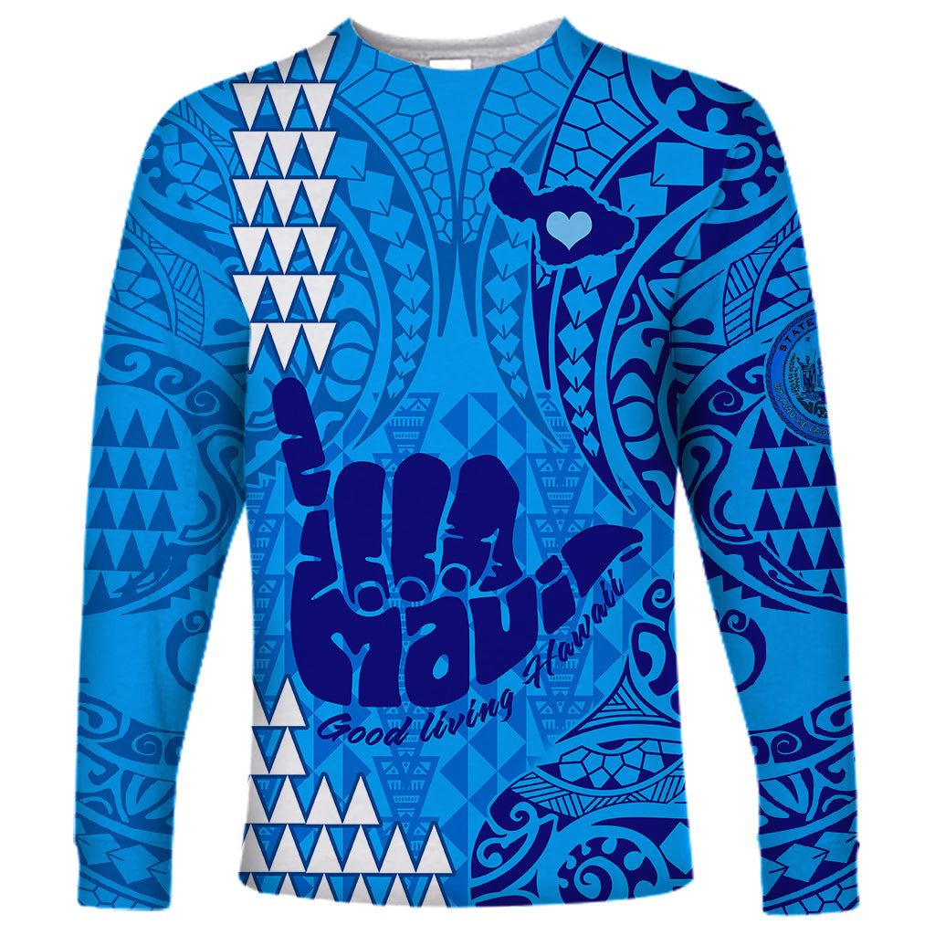 Personalised Strong Maui Long Sleeve Shirt Good Living Hawaii with Shaka Sign Kakau Tribal Blue - Wonder Print Shop