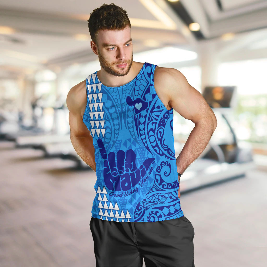 personalised-strong-maui-men-tank-top-good-living-hawaii-with-shaka-sign-kakau-tribal-blue