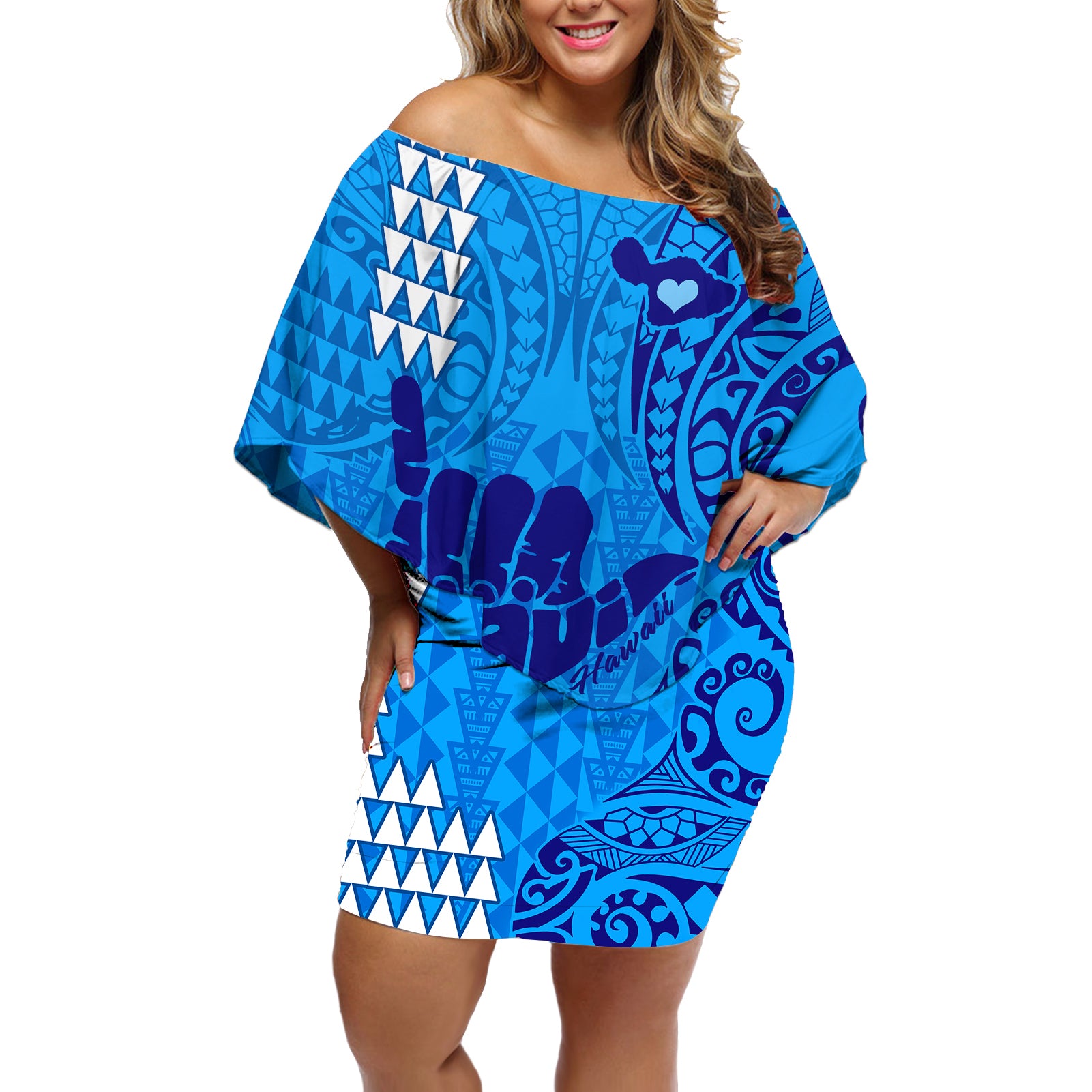 Personalised Strong Maui Off Shoulder Short Dress Good Living Hawaii with Shaka Sign Kakau Tribal Blue - Wonder Print Shop