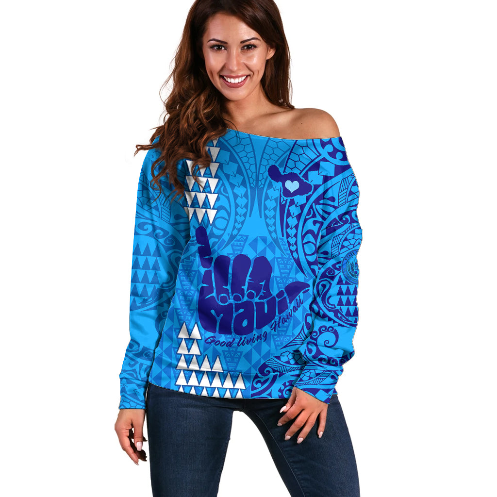 Personalised Strong Maui Off Shoulder Sweater Good Living Hawaii with Shaka Sign Kakau Tribal Blue - Wonder Print Shop