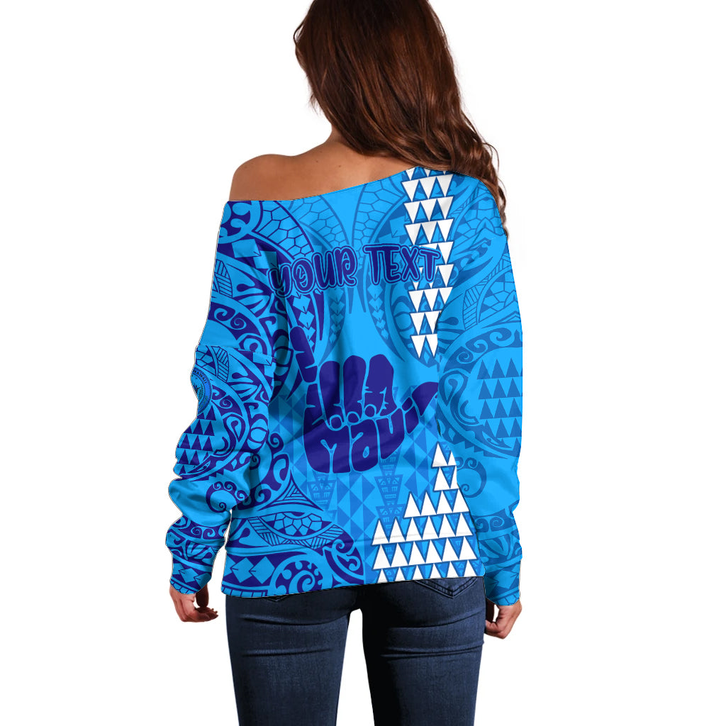 Personalised Strong Maui Off Shoulder Sweater Good Living Hawaii with Shaka Sign Kakau Tribal Blue - Wonder Print Shop