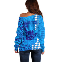 Personalised Strong Maui Off Shoulder Sweater Good Living Hawaii with Shaka Sign Kakau Tribal Blue - Wonder Print Shop
