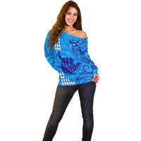 Personalised Strong Maui Off Shoulder Sweater Good Living Hawaii with Shaka Sign Kakau Tribal Blue - Wonder Print Shop