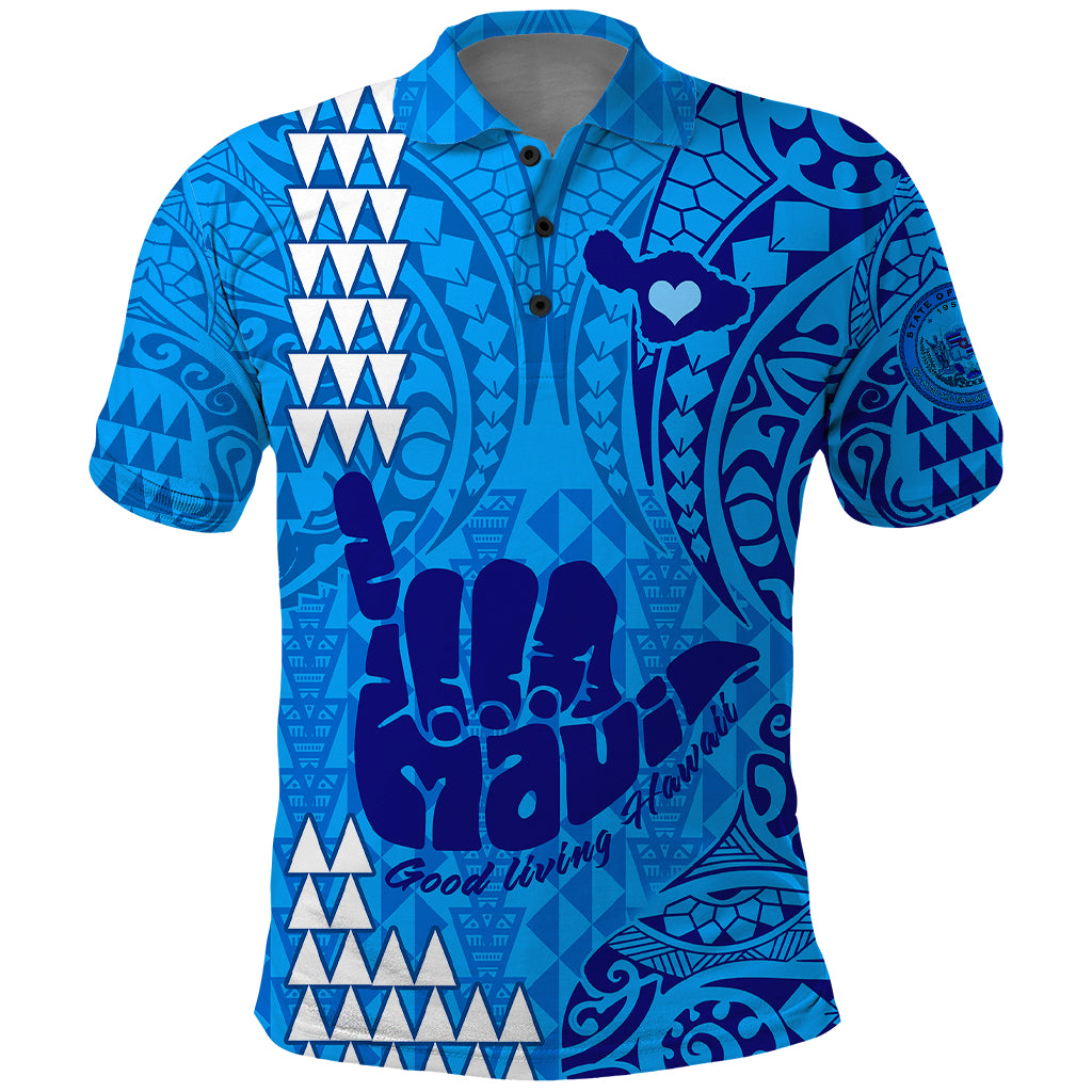 Personalised Strong Maui Polo Shirt Good Living Hawaii with Shaka Sign Kakau Tribal Blue - Wonder Print Shop