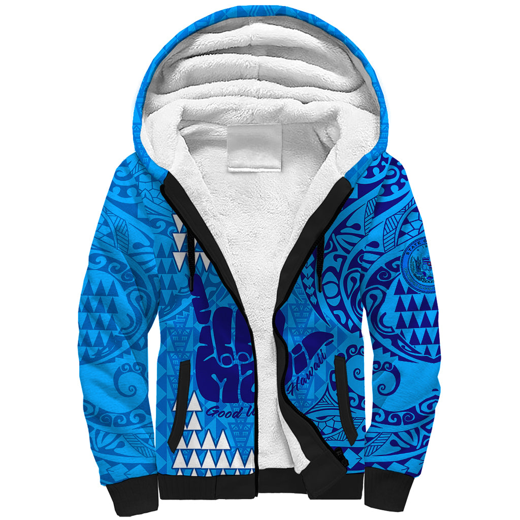 Personalised Strong Maui Sherpa Hoodie Good Living Hawaii with Shaka Sign Kakau Tribal Blue - Wonder Print Shop