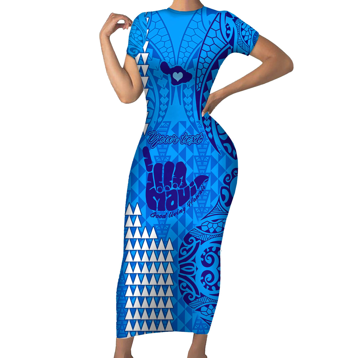 Personalised Strong Maui Short Sleeve Bodycon Dress Good Living Hawaii with Shaka Sign Kakau Tribal Blue - Wonder Print Shop