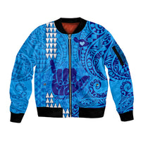 Personalised Strong Maui Sleeve Zip Bomber Jacket Good Living Hawaii with Shaka Sign Kakau Tribal Blue - Wonder Print Shop