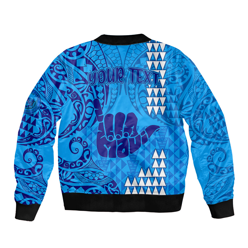 Personalised Strong Maui Sleeve Zip Bomber Jacket Good Living Hawaii with Shaka Sign Kakau Tribal Blue - Wonder Print Shop