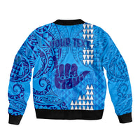 Personalised Strong Maui Sleeve Zip Bomber Jacket Good Living Hawaii with Shaka Sign Kakau Tribal Blue - Wonder Print Shop