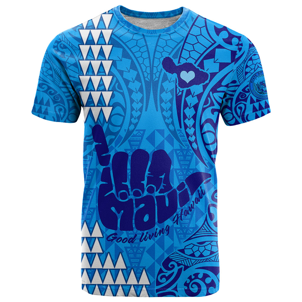 Personalised Strong Maui T Shirt Good Living Hawaii with Shaka Sign Kakau Tribal Blue - Wonder Print Shop
