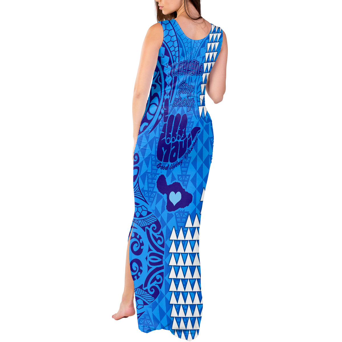 Personalised Strong Maui Tank Maxi Dress Good Living Hawaii with Shaka Sign Kakau Tribal Blue - Wonder Print Shop