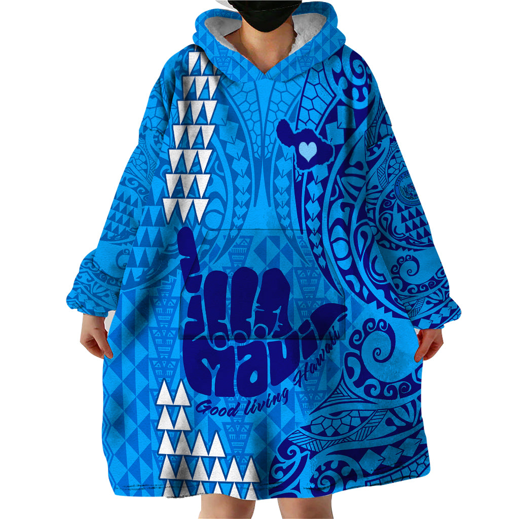 Personalised Strong Maui Wearable Blanket Hoodie Good Living Hawaii with Shaka Sign Kakau Tribal Blue - Wonder Print Shop
