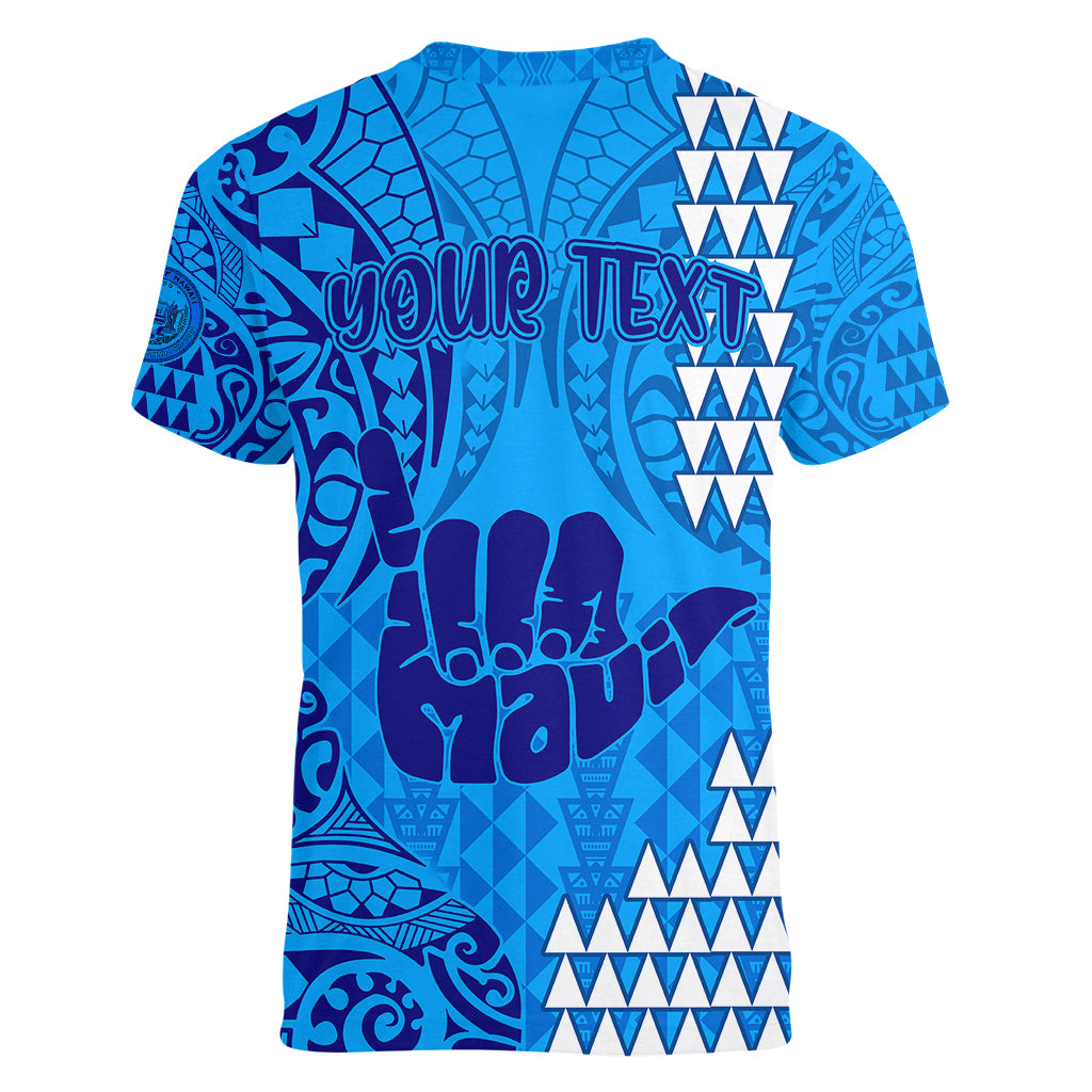 Personalised Strong Maui Women V Neck T Shirt Good Living Hawaii with Shaka Sign Kakau Tribal Blue - Wonder Print Shop