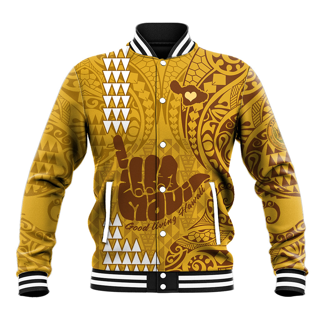 Strong Maui Baseball Jacket Good Living Hawaii with Shaka Sign Kakau Tribal Gold LT9 - Wonder Print Shop