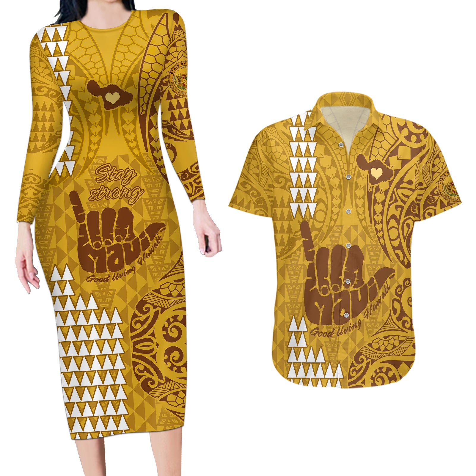 Strong Maui Couples Matching Long Sleeve Bodycon Dress and Hawaiian Shirt Good Living Hawaii with Shaka Sign Kakau Tribal Gold LT9 - Wonder Print Shop