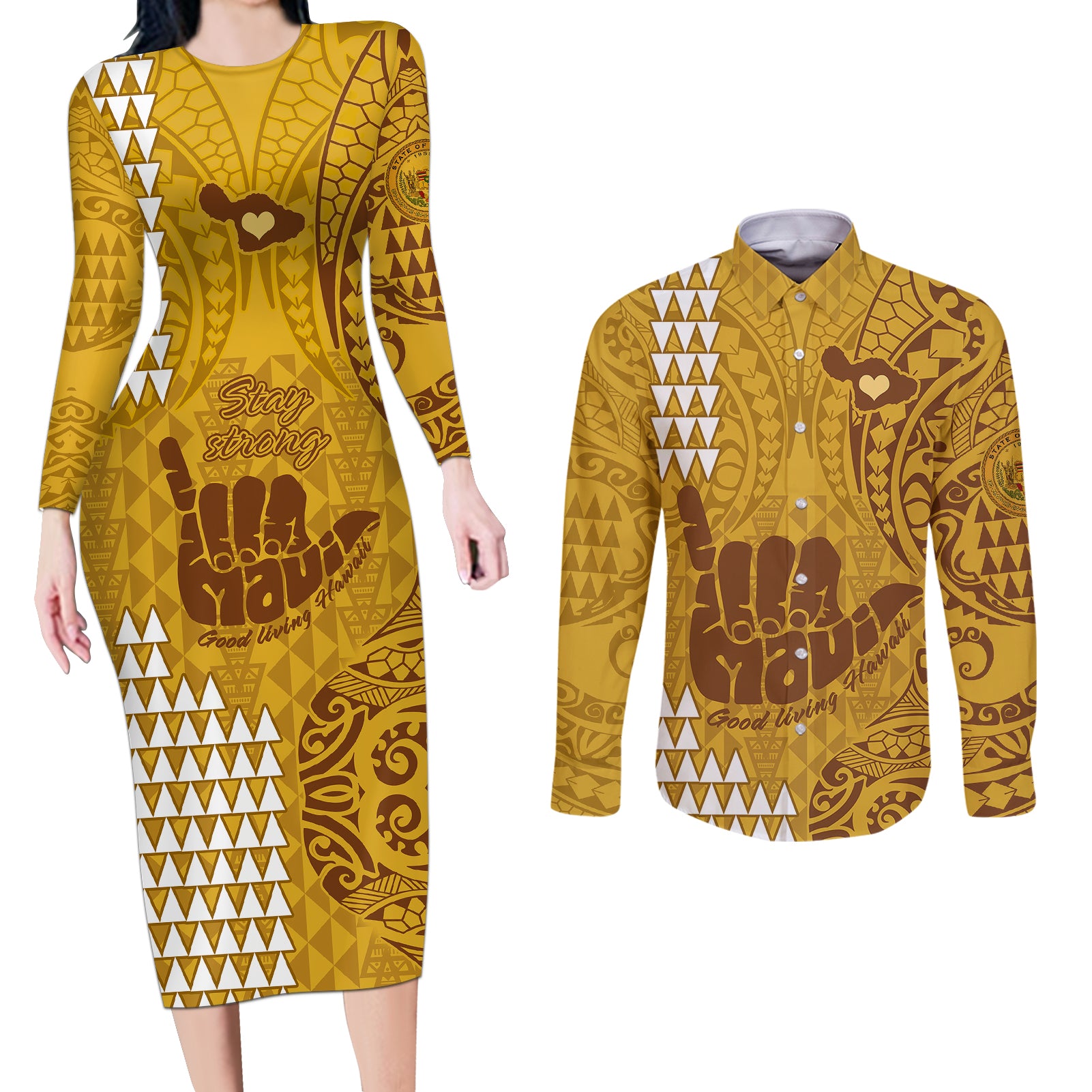 Strong Maui Couples Matching Long Sleeve Bodycon Dress and Long Sleeve Button Shirts Good Living Hawaii with Shaka Sign Kakau Tribal Gold LT9 - Wonder Print Shop