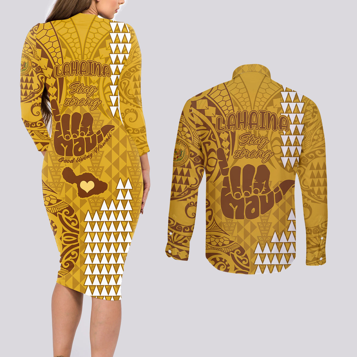 Strong Maui Couples Matching Long Sleeve Bodycon Dress and Long Sleeve Button Shirts Good Living Hawaii with Shaka Sign Kakau Tribal Gold LT9 - Wonder Print Shop