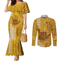 strong-maui-couples-matching-mermaid-dress-and-long-sleeve-button-shirts-good-living-hawaii-with-shaka-sign-kakau-tribal-gold
