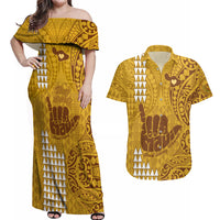 Strong Maui Couples Matching Off Shoulder Maxi Dress and Hawaiian Shirt Good Living Hawaii with Shaka Sign Kakau Tribal Gold LT9 - Wonder Print Shop