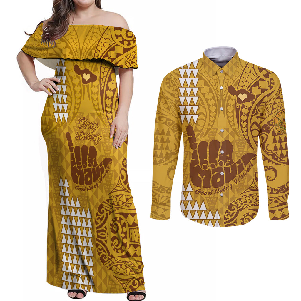 Strong Maui Couples Matching Off Shoulder Maxi Dress and Long Sleeve Button Shirts Good Living Hawaii with Shaka Sign Kakau Tribal Gold LT9 - Wonder Print Shop