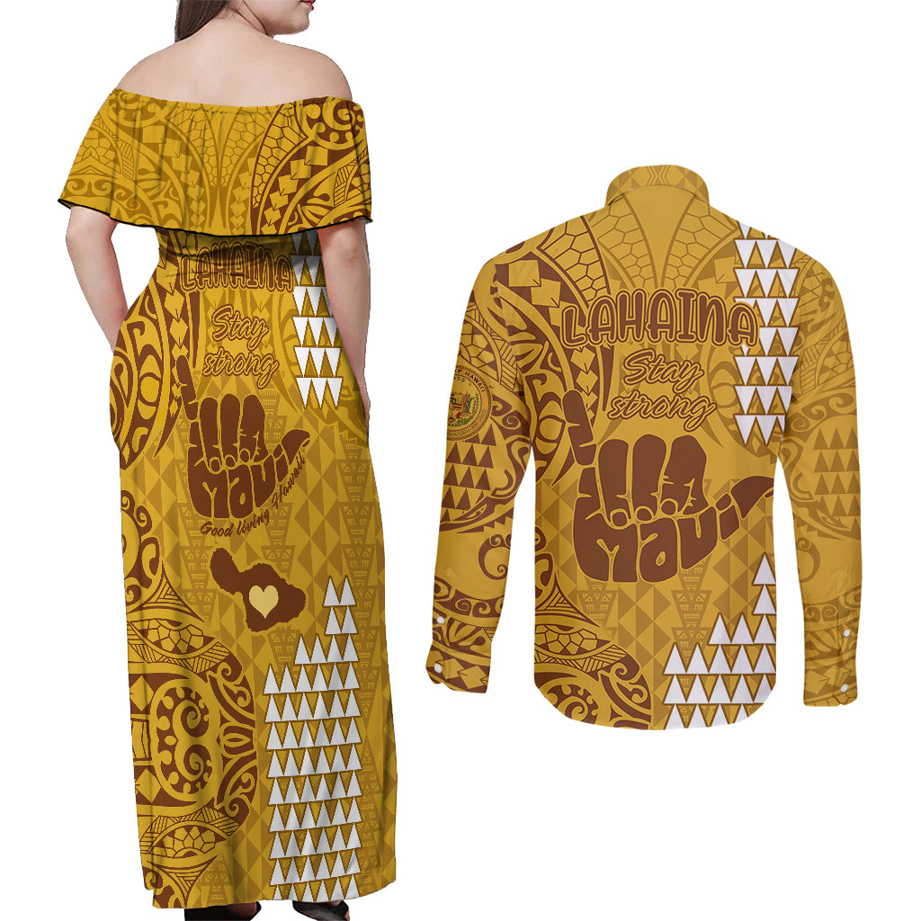 Strong Maui Couples Matching Off Shoulder Maxi Dress and Long Sleeve Button Shirts Good Living Hawaii with Shaka Sign Kakau Tribal Gold LT9 - Wonder Print Shop