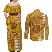 Strong Maui Couples Matching Off Shoulder Maxi Dress and Long Sleeve Button Shirts Good Living Hawaii with Shaka Sign Kakau Tribal Gold LT9 - Wonder Print Shop