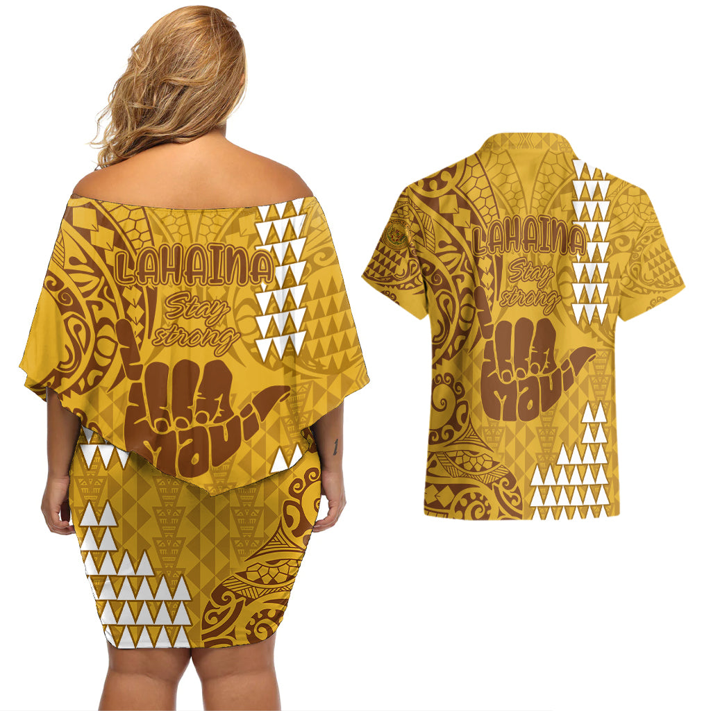 Strong Maui Couples Matching Off Shoulder Short Dress and Hawaiian Shirt Good Living Hawaii with Shaka Sign Kakau Tribal Gold LT9 - Wonder Print Shop