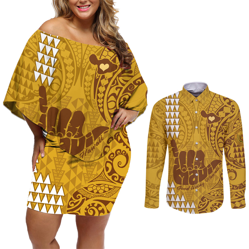 Strong Maui Couples Matching Off Shoulder Short Dress and Long Sleeve Button Shirts Good Living Hawaii with Shaka Sign Kakau Tribal Gold LT9 - Wonder Print Shop