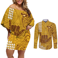 Strong Maui Couples Matching Off Shoulder Short Dress and Long Sleeve Button Shirts Good Living Hawaii with Shaka Sign Kakau Tribal Gold LT9 - Wonder Print Shop