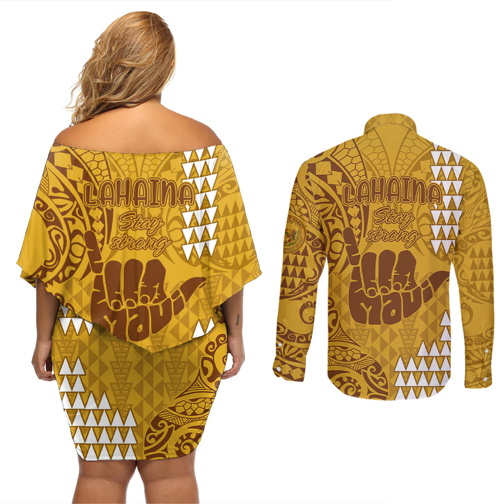 Strong Maui Couples Matching Off Shoulder Short Dress and Long Sleeve Button Shirts Good Living Hawaii with Shaka Sign Kakau Tribal Gold LT9 - Wonder Print Shop