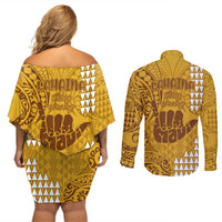 Strong Maui Couples Matching Off Shoulder Short Dress and Long Sleeve Button Shirts Good Living Hawaii with Shaka Sign Kakau Tribal Gold LT9 - Wonder Print Shop
