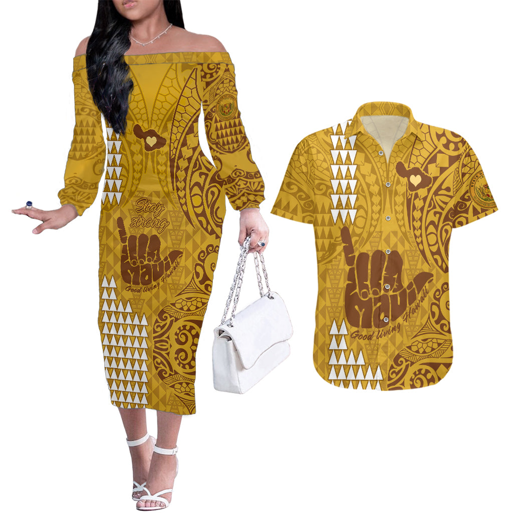 Strong Maui Couples Matching Off The Shoulder Long Sleeve Dress and Hawaiian Shirt Good Living Hawaii with Shaka Sign Kakau Tribal Gold LT9 - Wonder Print Shop