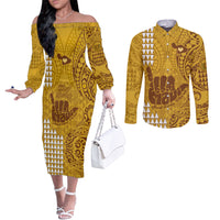 strong-maui-couples-matching-off-the-shoulder-long-sleeve-dress-and-long-sleeve-button-shirts-good-living-hawaii-with-shaka-sign-kakau-tribal-gold