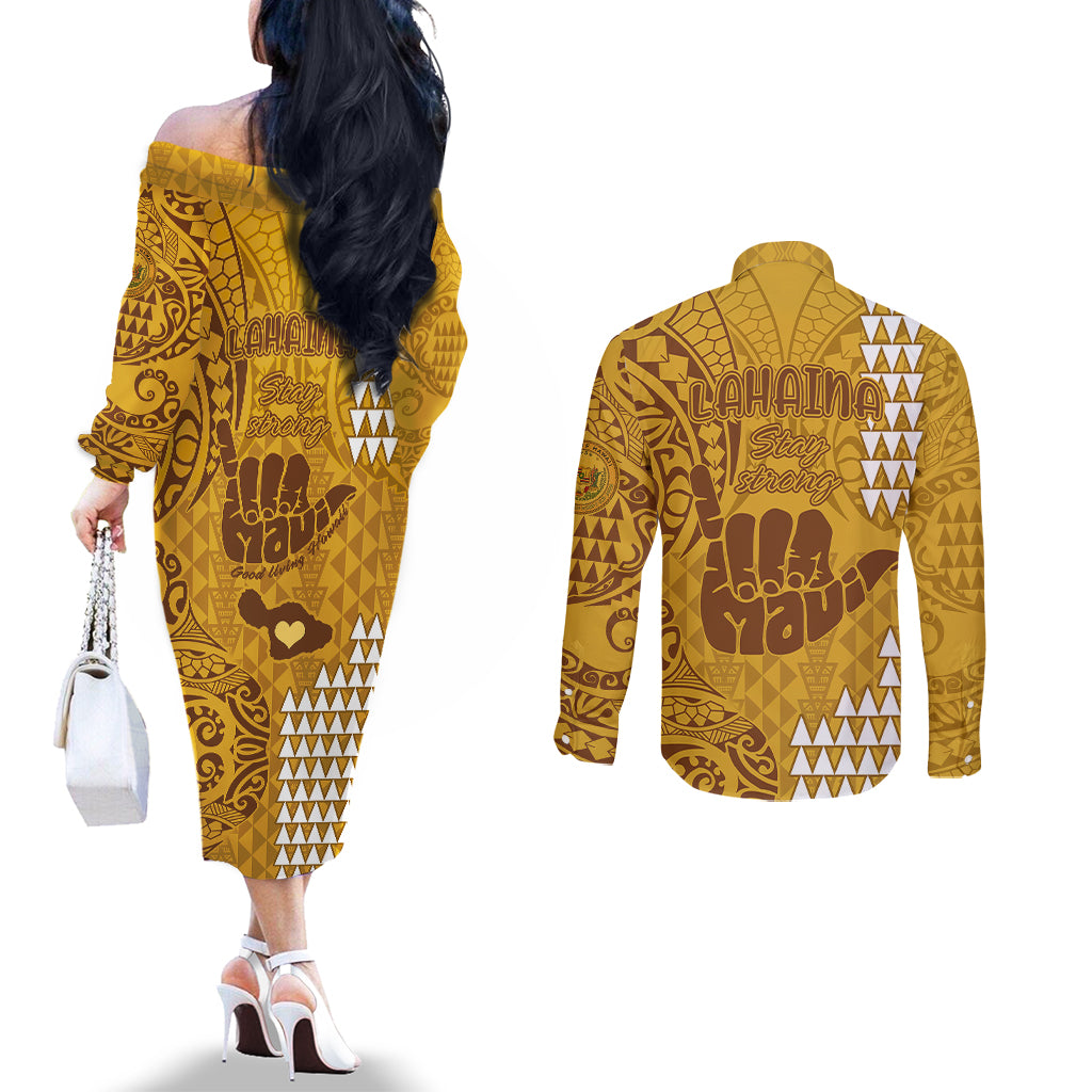 strong-maui-couples-matching-off-the-shoulder-long-sleeve-dress-and-long-sleeve-button-shirts-good-living-hawaii-with-shaka-sign-kakau-tribal-gold