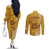 strong-maui-couples-matching-off-the-shoulder-long-sleeve-dress-and-long-sleeve-button-shirts-good-living-hawaii-with-shaka-sign-kakau-tribal-gold