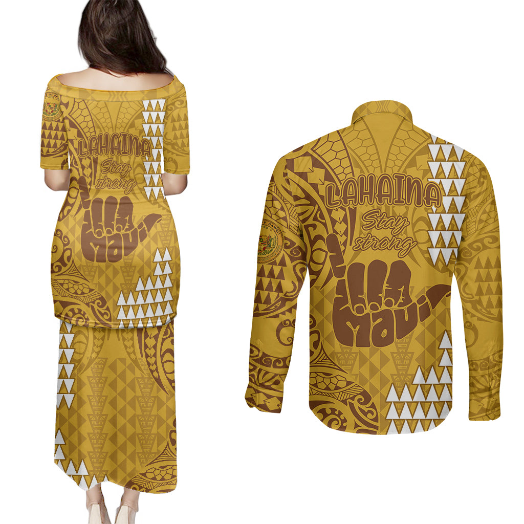 Strong Maui Couples Matching Puletasi Dress and Long Sleeve Button Shirts Good Living Hawaii with Shaka Sign Kakau Tribal Gold LT9 - Wonder Print Shop