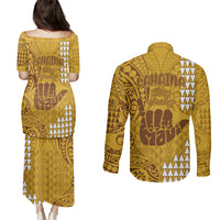 Strong Maui Couples Matching Puletasi Dress and Long Sleeve Button Shirts Good Living Hawaii with Shaka Sign Kakau Tribal Gold LT9 - Wonder Print Shop