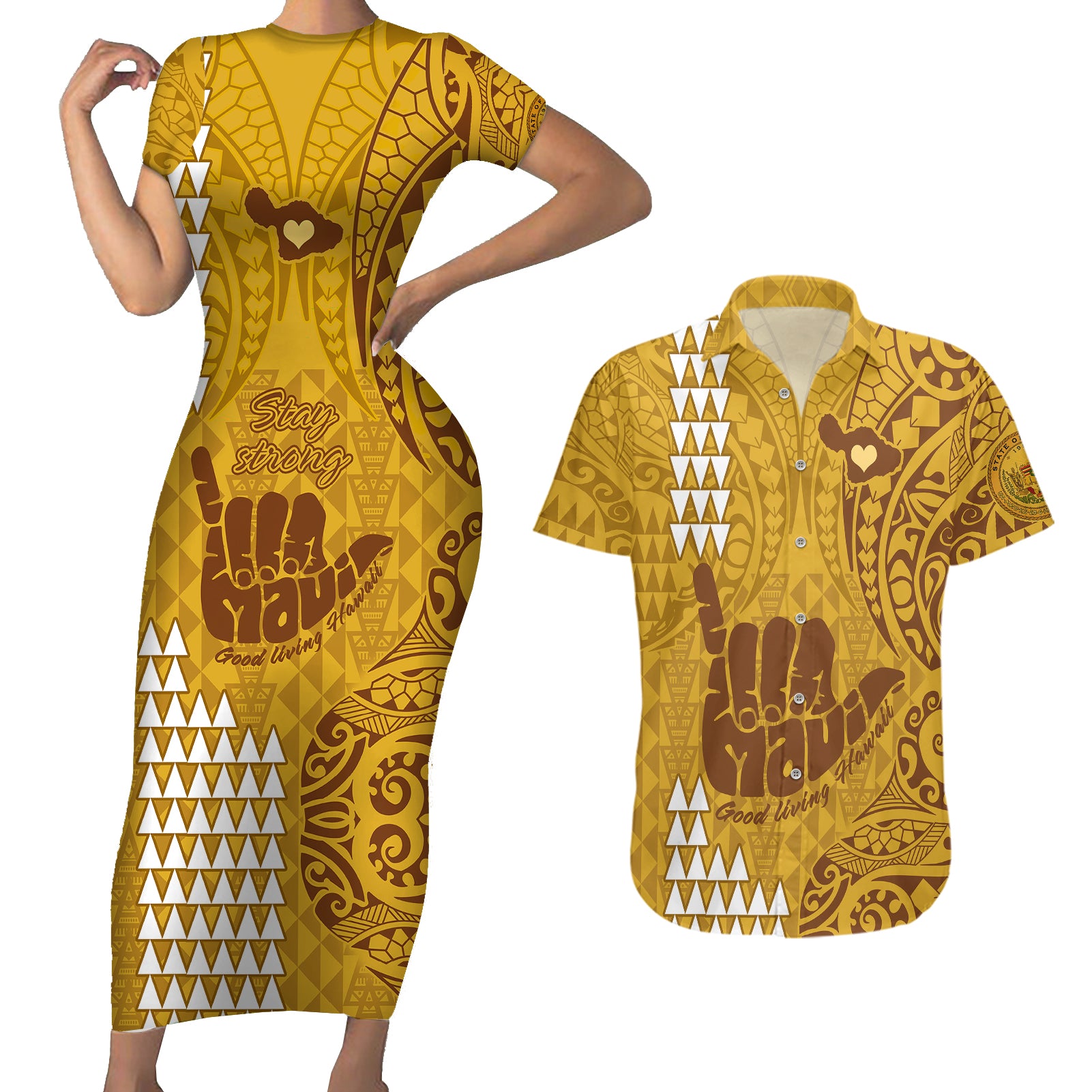 Strong Maui Couples Matching Short Sleeve Bodycon Dress and Hawaiian Shirt Good Living Hawaii with Shaka Sign Kakau Tribal Gold LT9 - Wonder Print Shop
