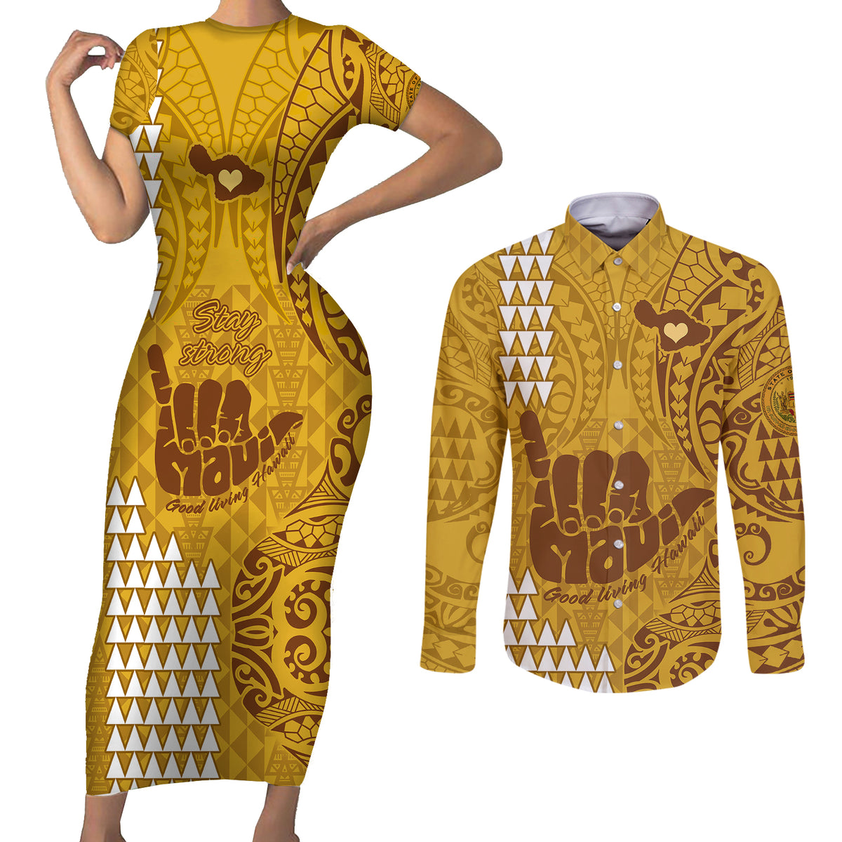 Strong Maui Couples Matching Short Sleeve Bodycon Dress and Long Sleeve Button Shirts Good Living Hawaii with Shaka Sign Kakau Tribal Gold LT9 - Wonder Print Shop