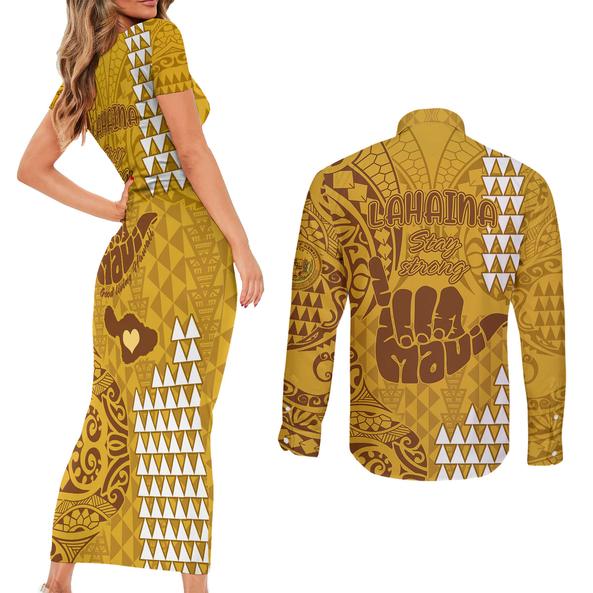 Strong Maui Couples Matching Short Sleeve Bodycon Dress and Long Sleeve Button Shirts Good Living Hawaii with Shaka Sign Kakau Tribal Gold LT9 - Wonder Print Shop