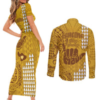 Strong Maui Couples Matching Short Sleeve Bodycon Dress and Long Sleeve Button Shirts Good Living Hawaii with Shaka Sign Kakau Tribal Gold LT9 - Wonder Print Shop