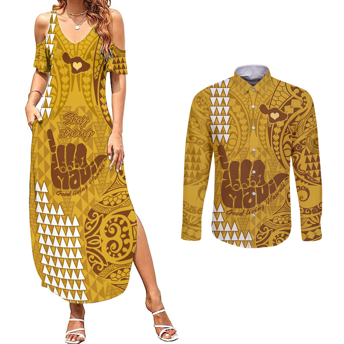 Strong Maui Couples Matching Summer Maxi Dress and Long Sleeve Button Shirts Good Living Hawaii with Shaka Sign Kakau Tribal Gold LT9 - Wonder Print Shop